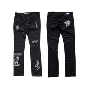 Broken Promises Men's Jeans 32 Black Distressed Slim Fit Graphic Goth Emo Y2K